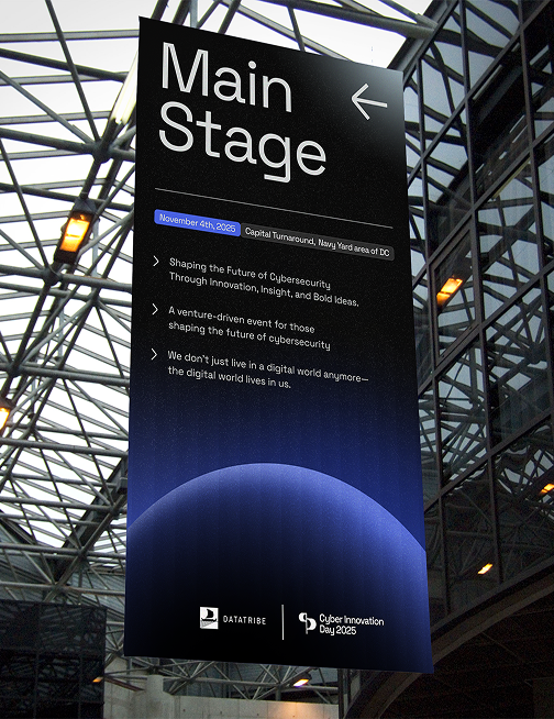 Large-format event stage display for Cyber Innovation Day 2025 in a dark auditorium
