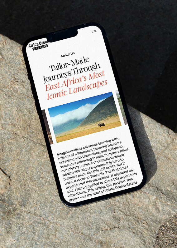 Africa Dream Safaris About Us page on mobile device