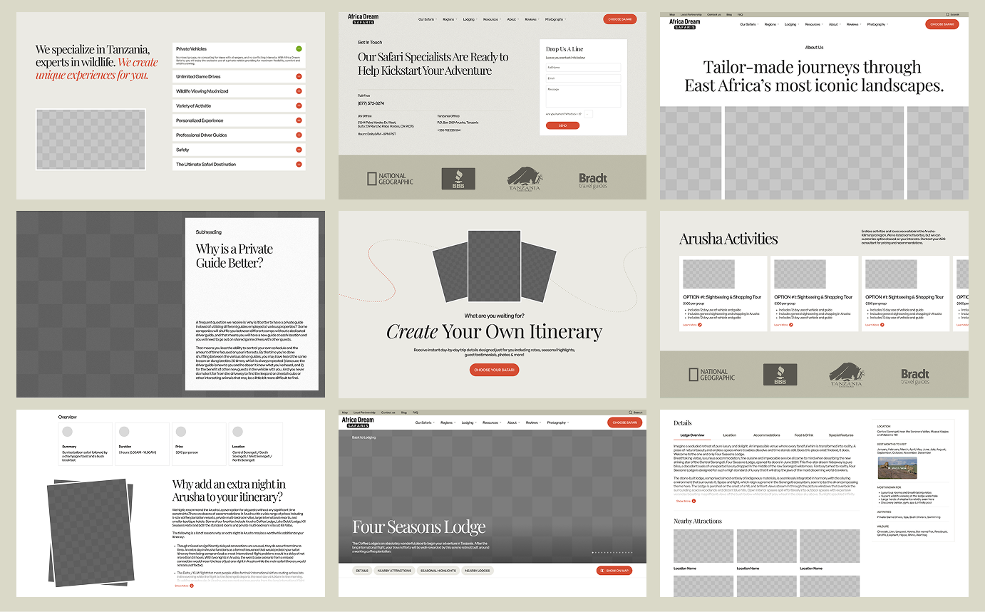 Africa Dream Safaris wireframe mockups showing page layouts for key website sections