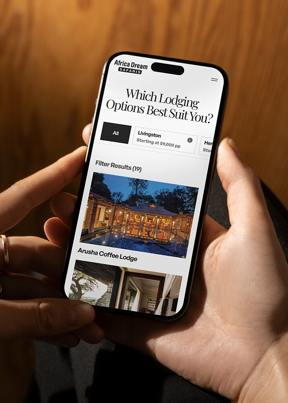 Africa Dream Safaris lodge filtering page on mobile device