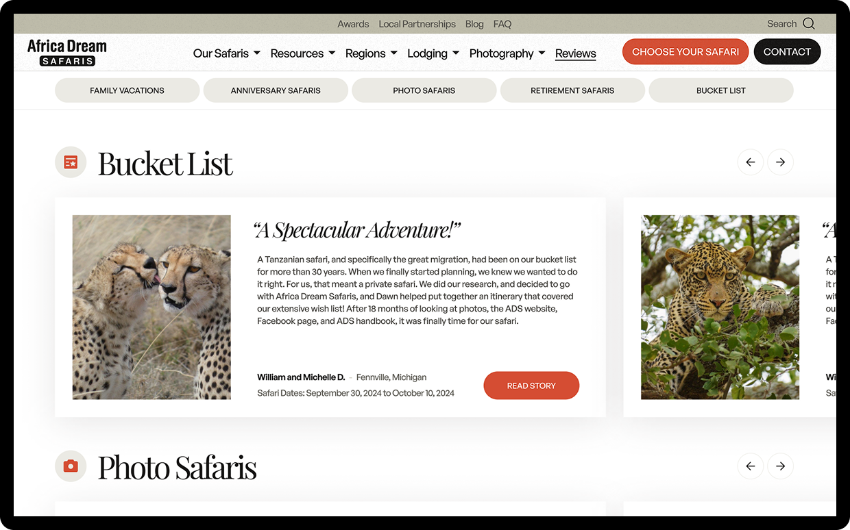 Africa Dream Safaris reviews page with client testimonials