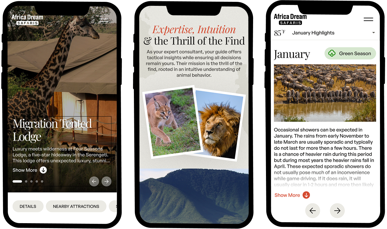 Africa Dream Safaris mobile screens showing lodge details and seasonal highlights