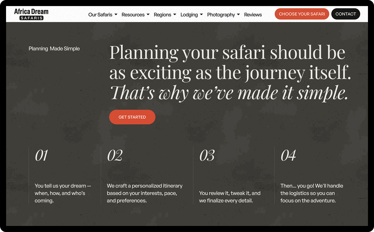 Africa Dream Safaris planning process page with four-step booking flow