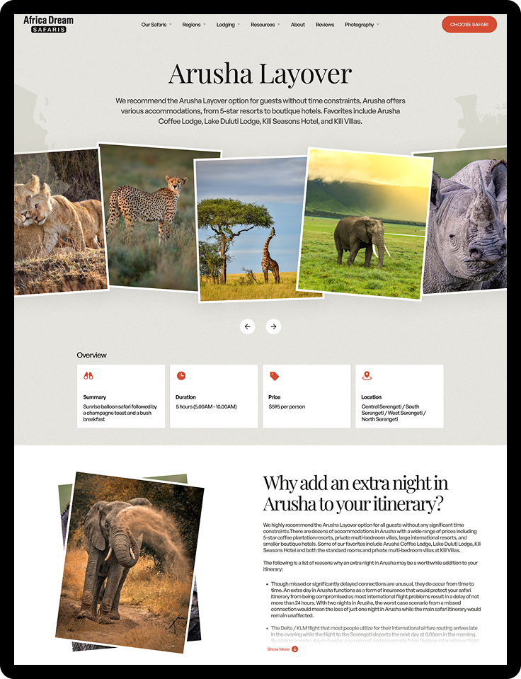 Africa Dream Safaris Arusha Layover travel guide page