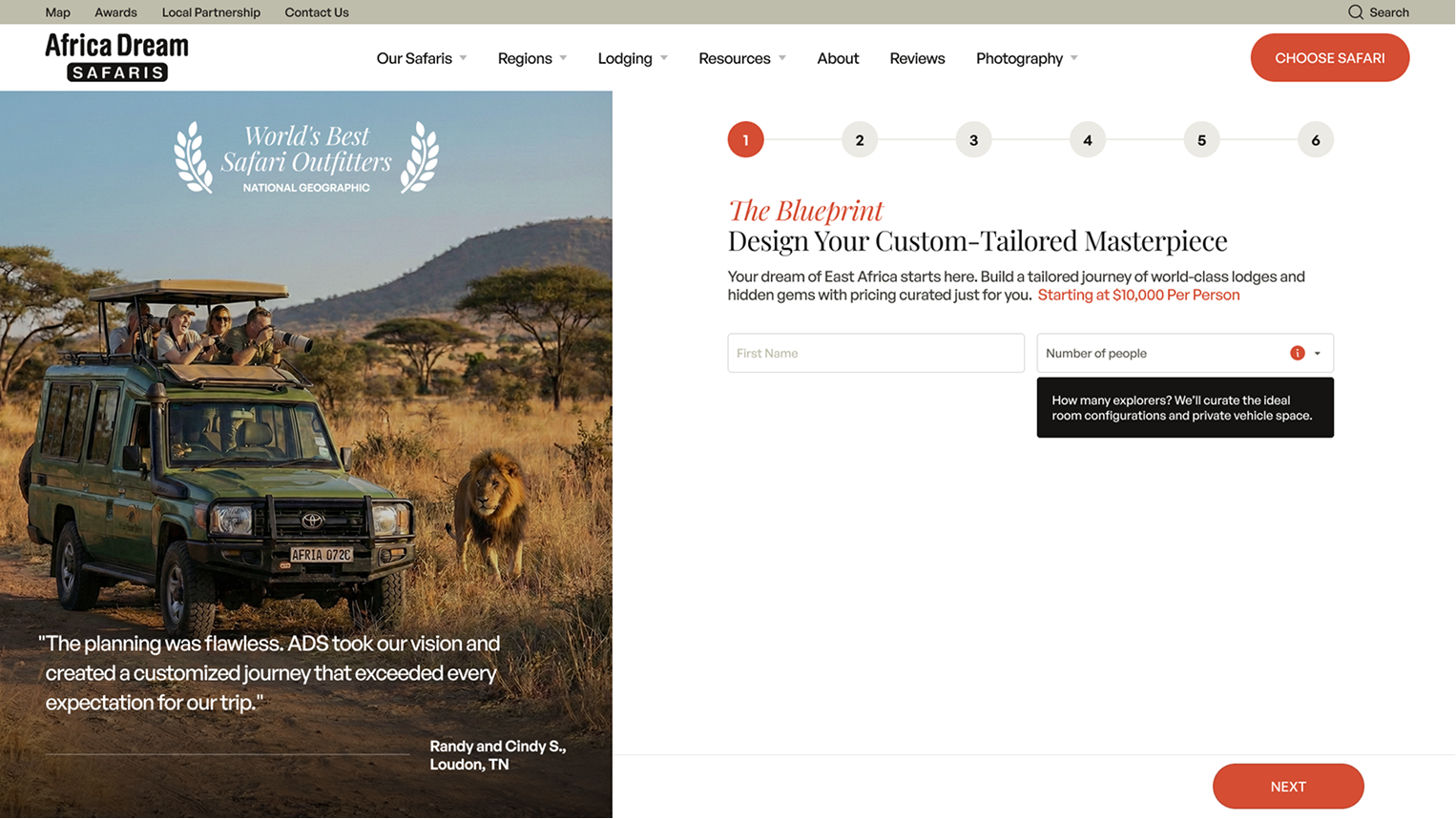 Africa Dream Safaris booking wizard step one with itinerary builder form and client testimonial