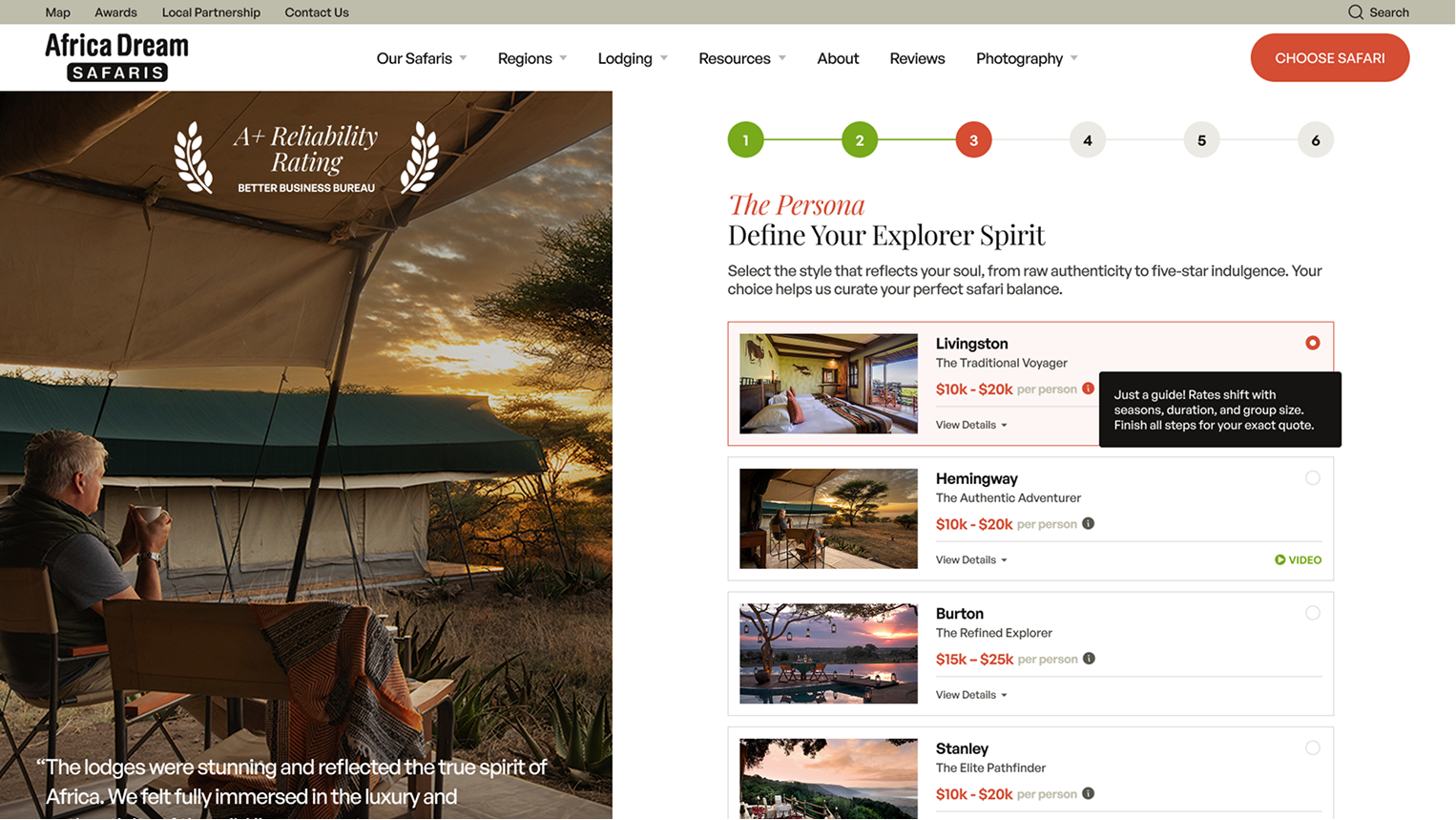 Africa Dream Safaris booking wizard persona selection step with safari style options and pricing