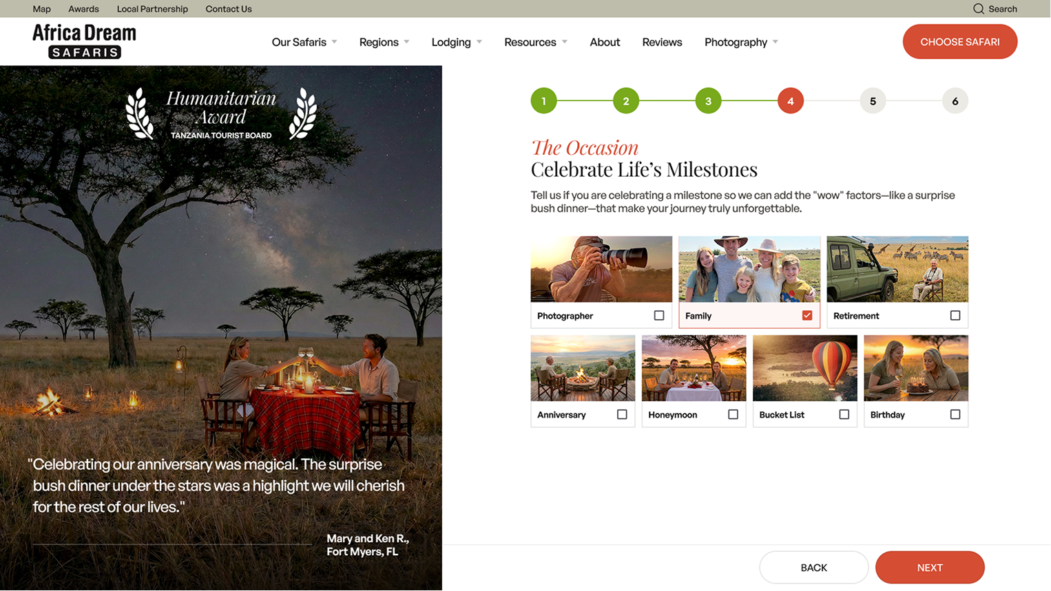 Africa Dream Safaris booking wizard occasion selection step with milestone categories