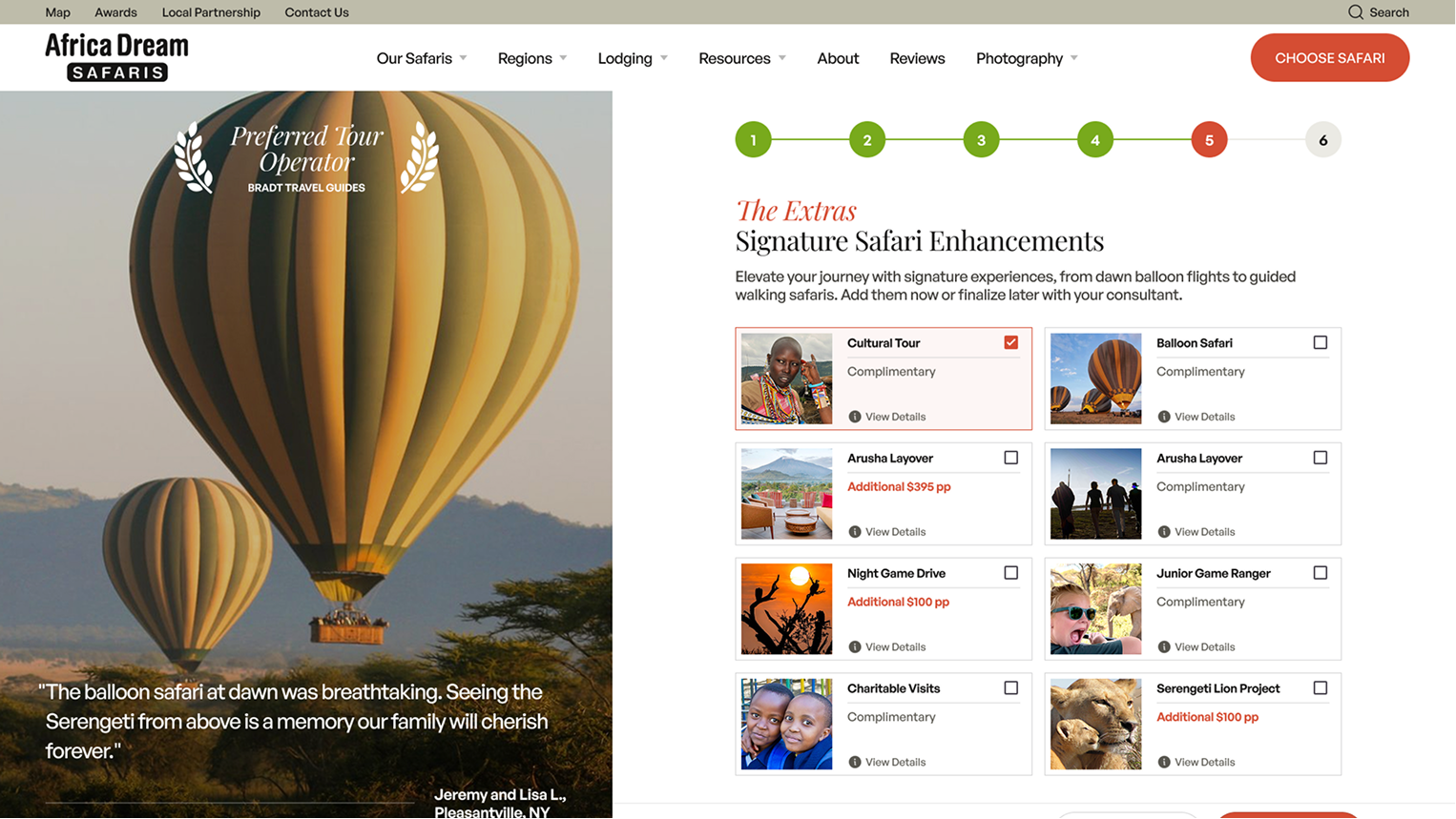 Africa Dream Safaris booking wizard extras step with signature safari enhancement options