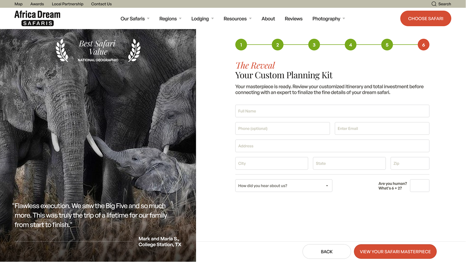 Africa Dream Safaris booking inquiry form