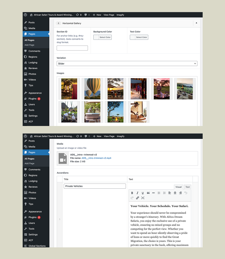 Africa Dream Safaris WordPress CMS with gallery and media modules