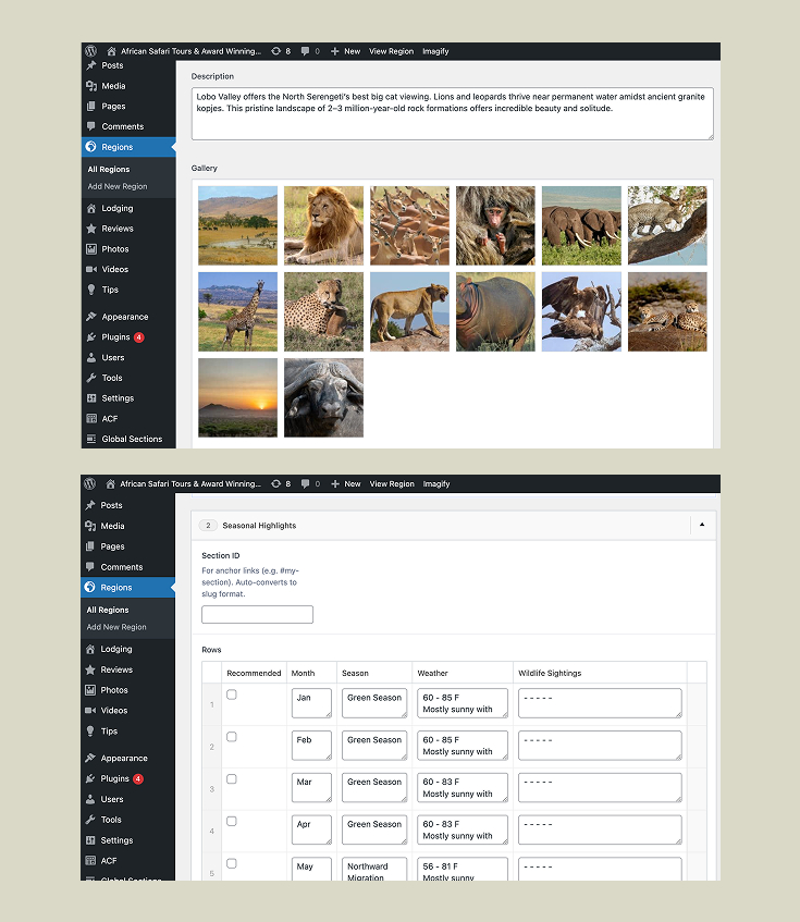 Africa Dream Safaris WordPress CMS regions and seasonal highlights management