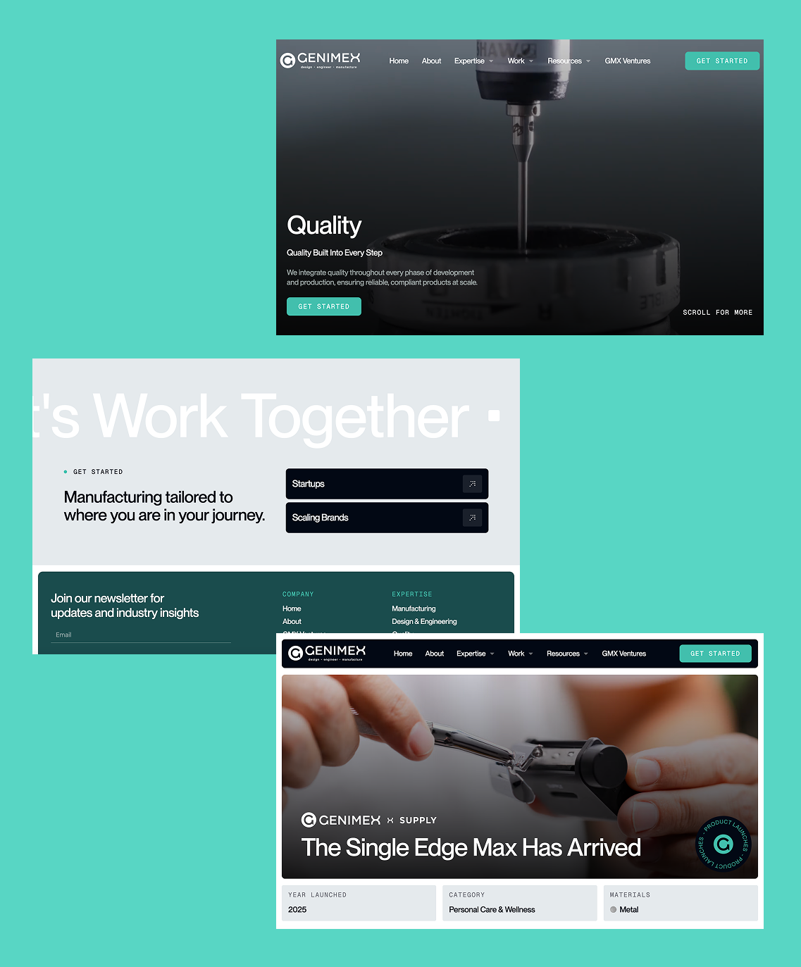 Genimex website screens showing homepage, footer, and case study pages