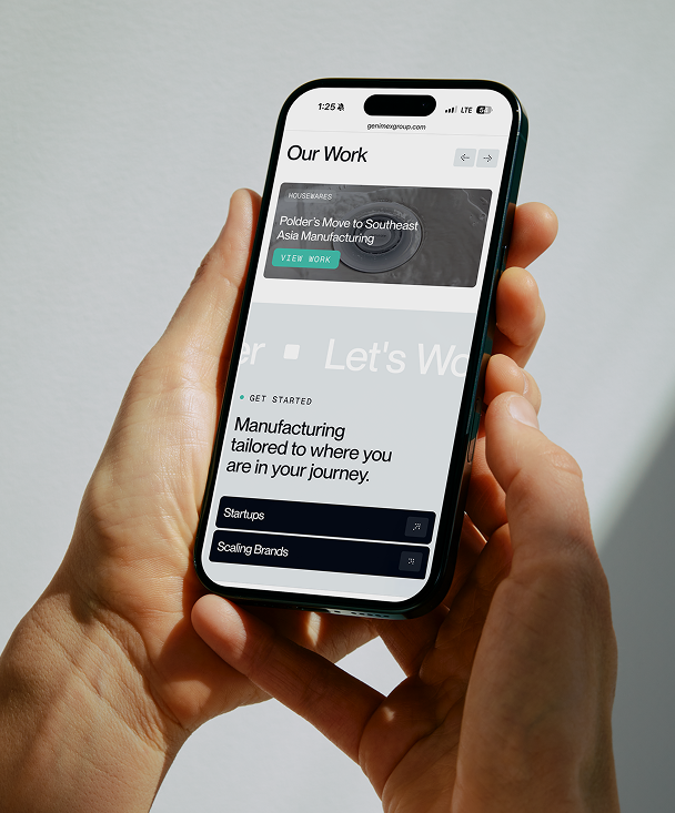 Genimex mobile website showing work portfolio and CTA sections