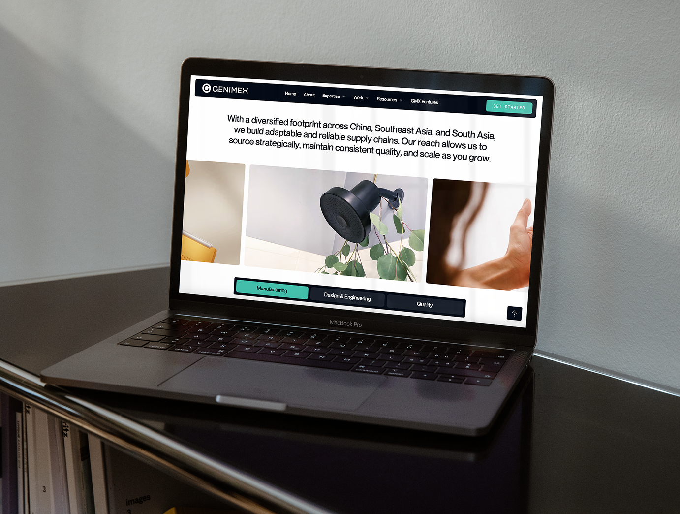 Genimex expertise page with manufacturing services on laptop