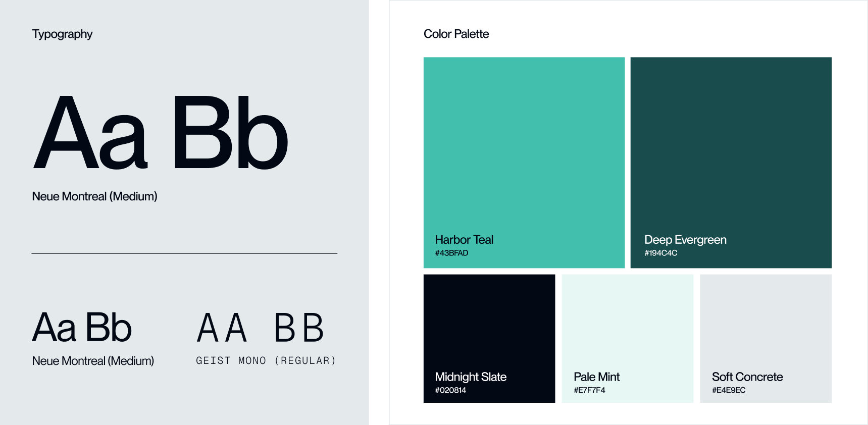 Genimex typography system and color palette with Harbor Teal and Deep Evergreen