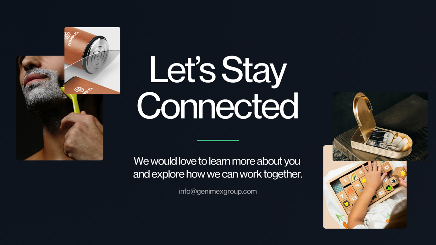 Genimex contact page design with product photography