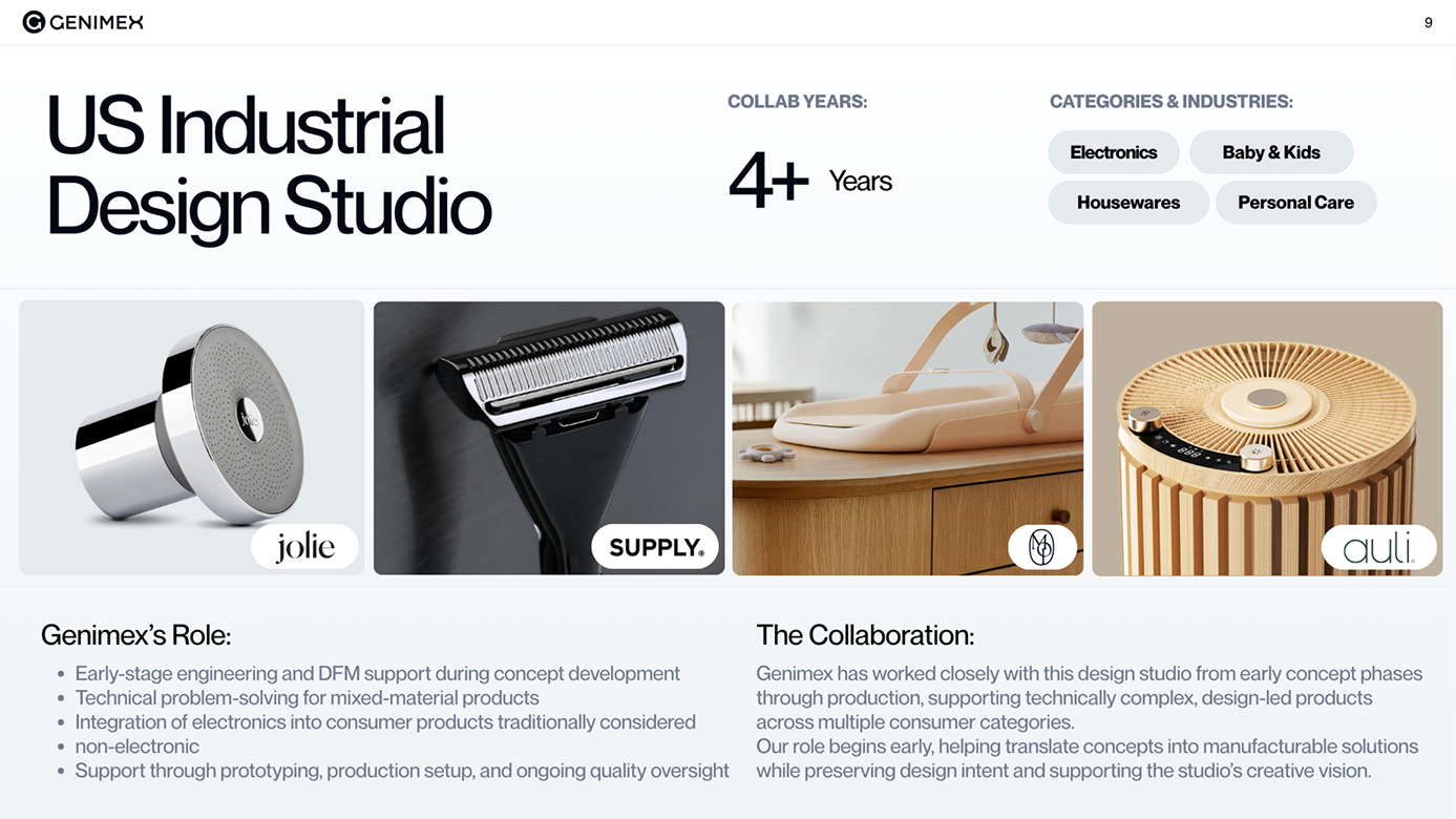 Genimex client case study slide for US Industrial Design Studio partnership