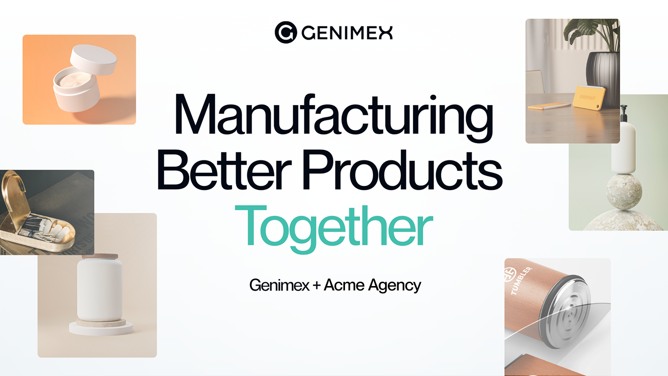 Genimex brand collateral with product photography grid