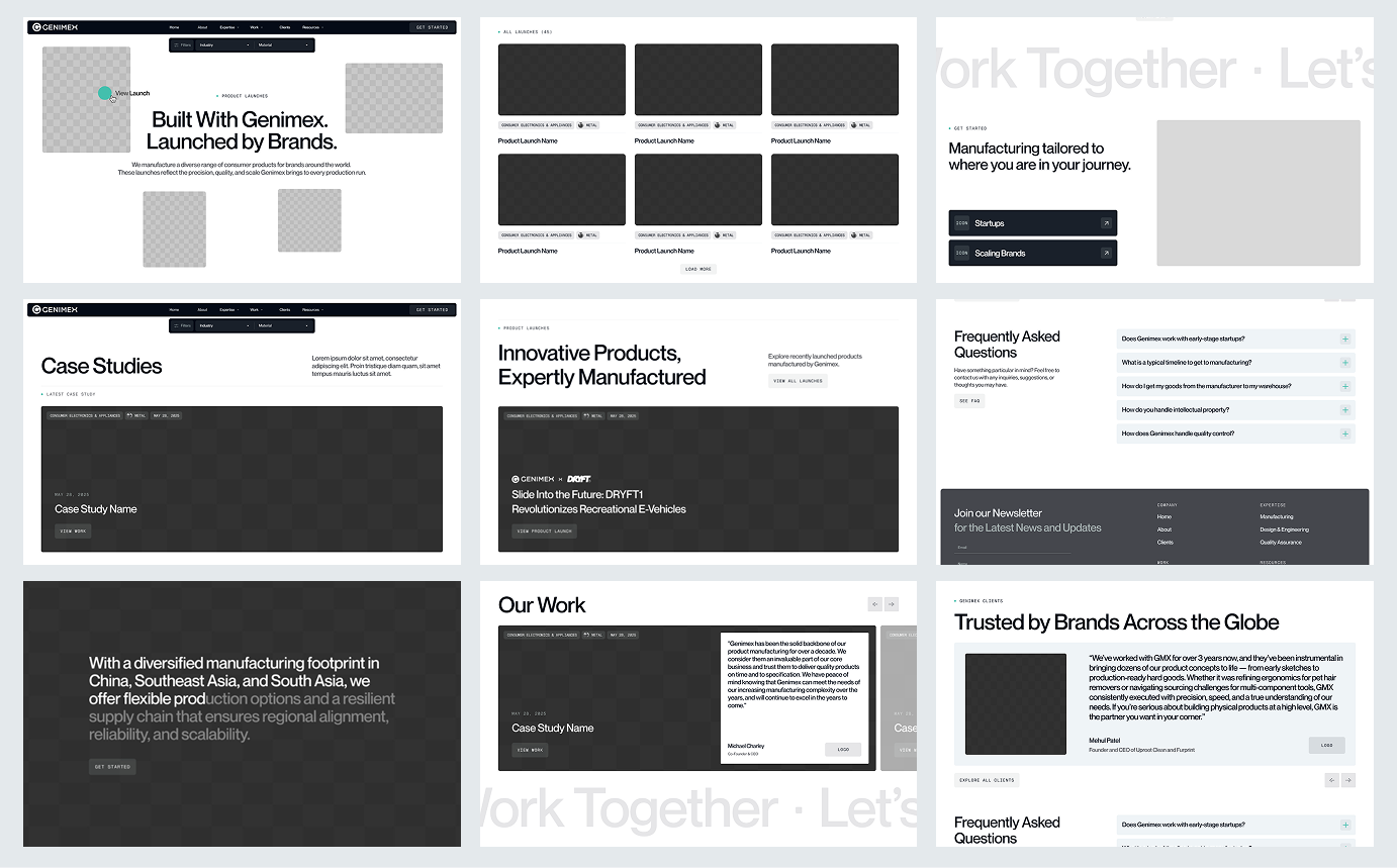 Genimex website wireframe layouts and page templates
