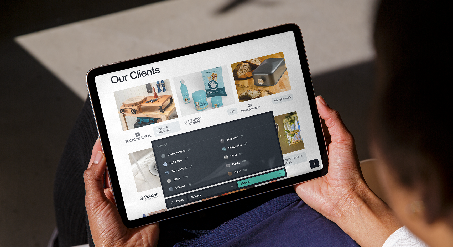 Genimex clients page with material filtering on tablet