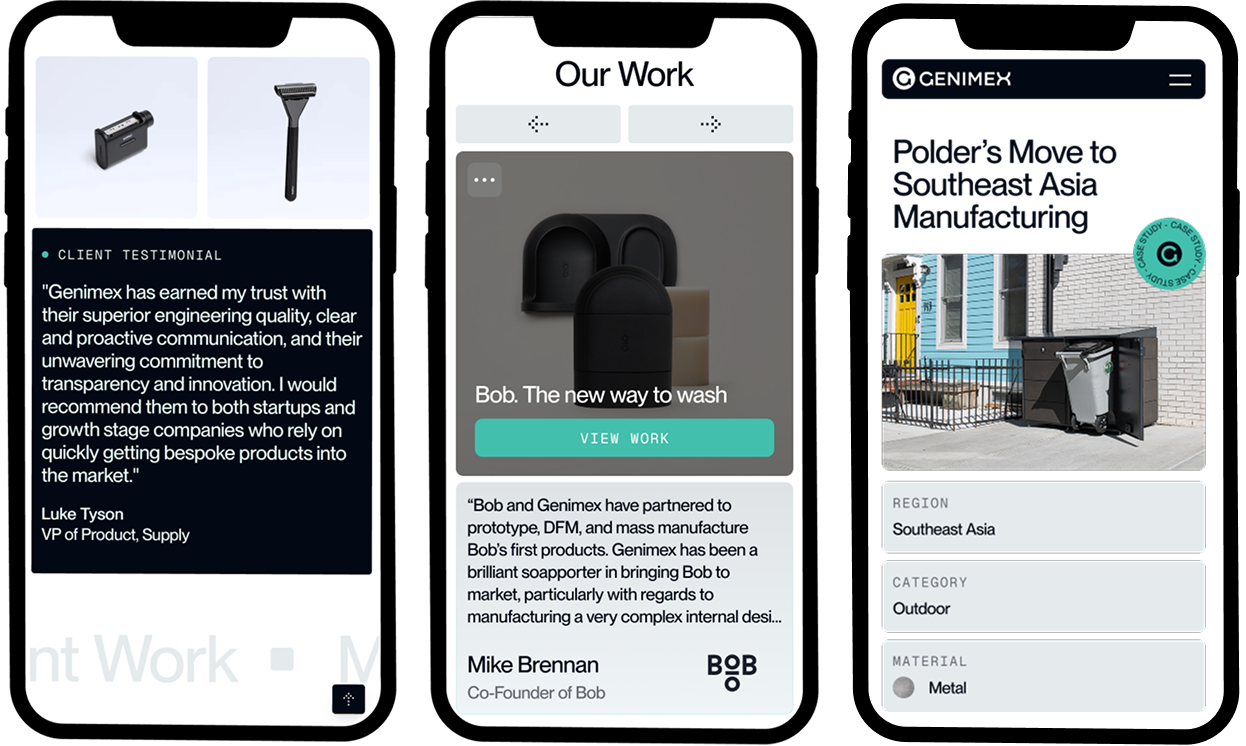 Genimex mobile screens showing testimonials, case studies, and project details