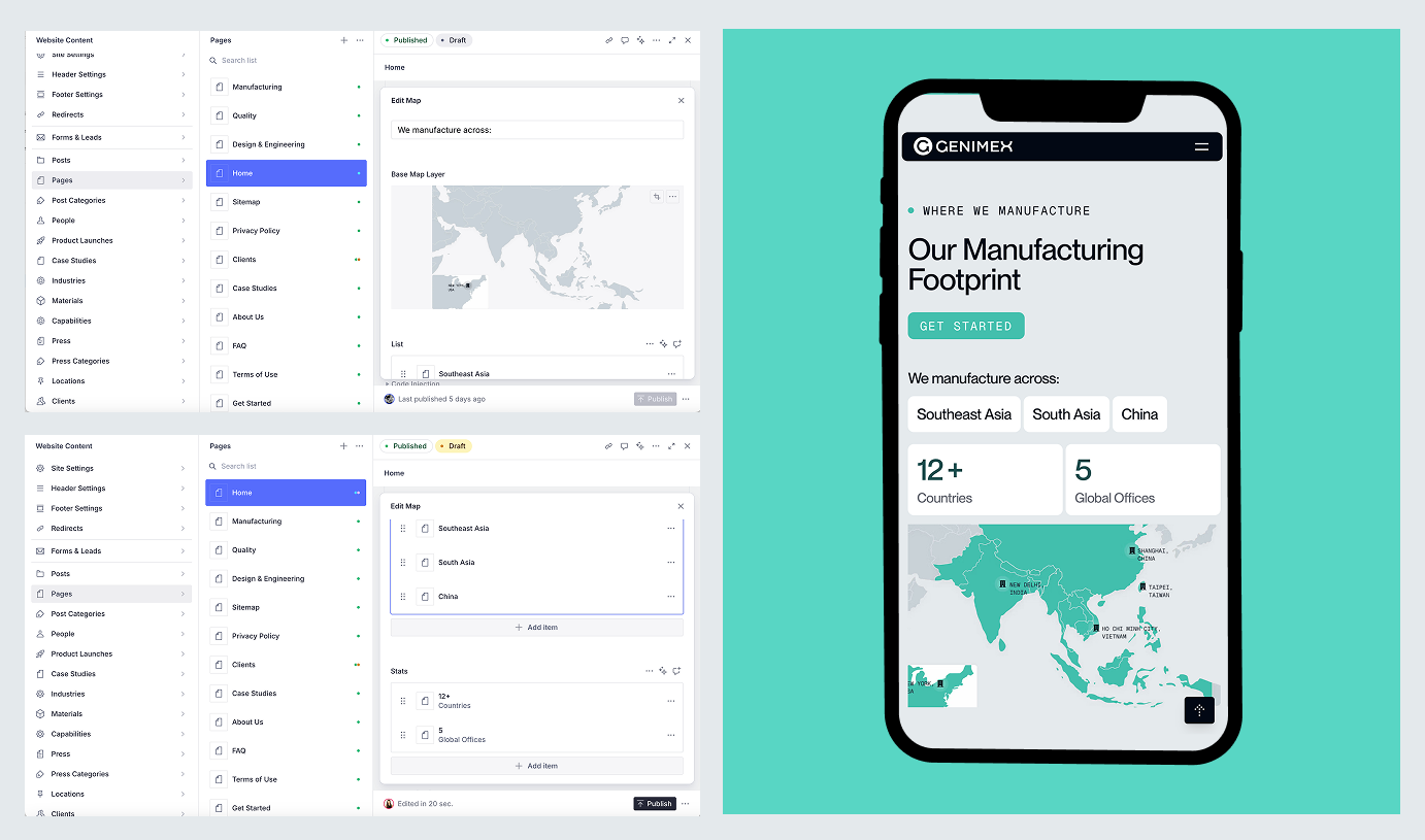 Genimex Sanity CMS page editor with manufacturing regions map