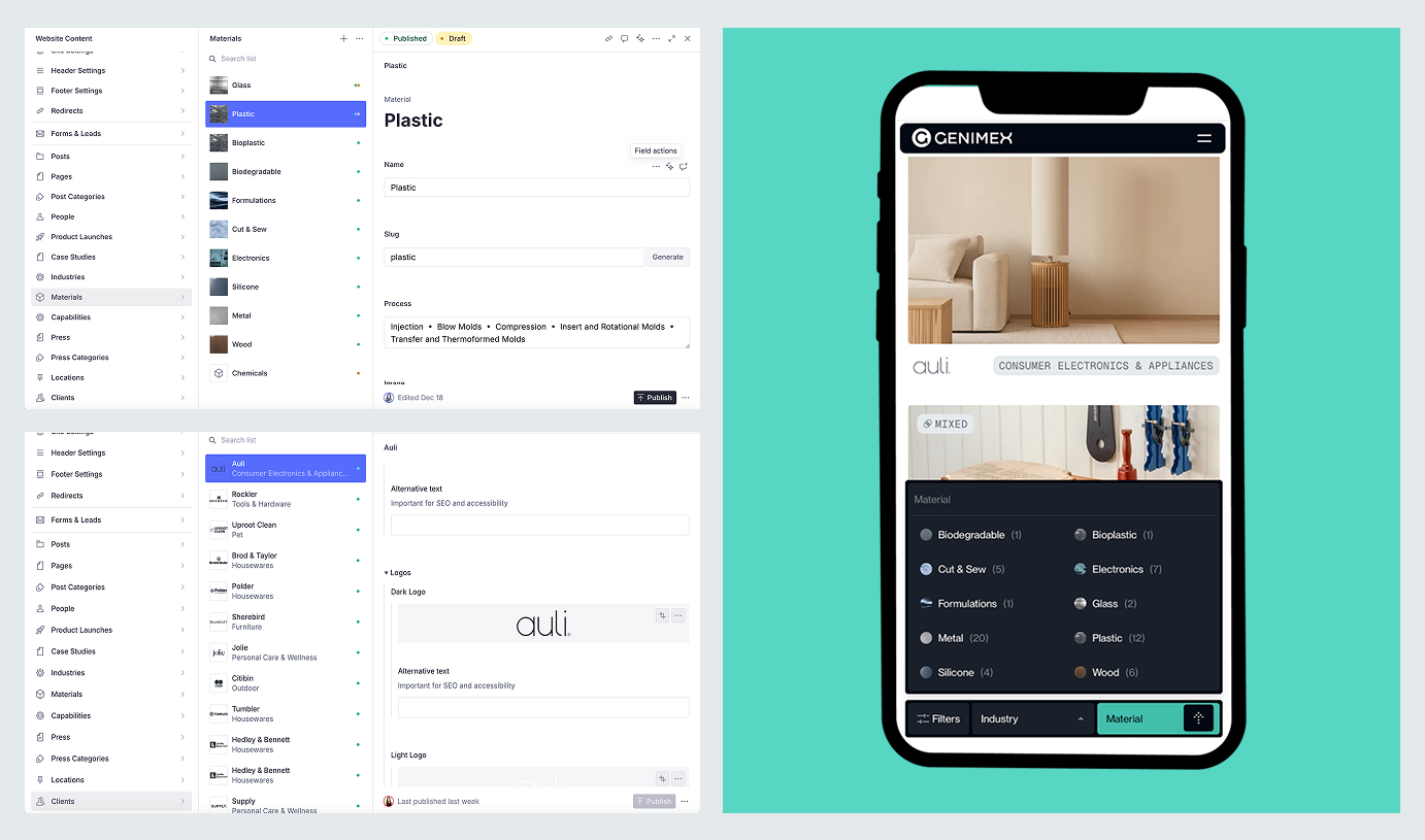 Genimex Sanity CMS materials and client management with mobile filtering