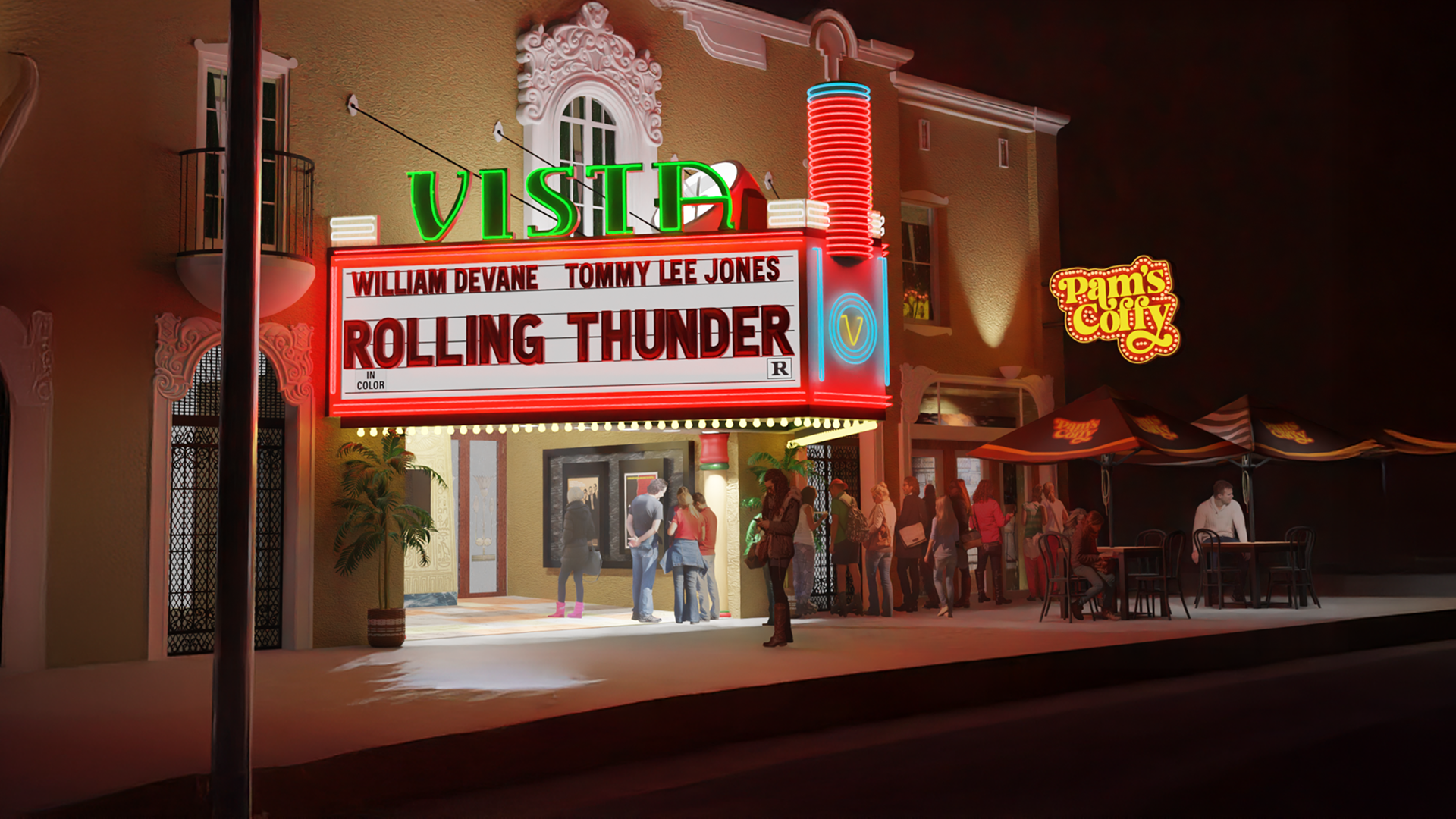 Digital illustration of Vista Theater Hollywood exterior at night with illuminated neon marquee