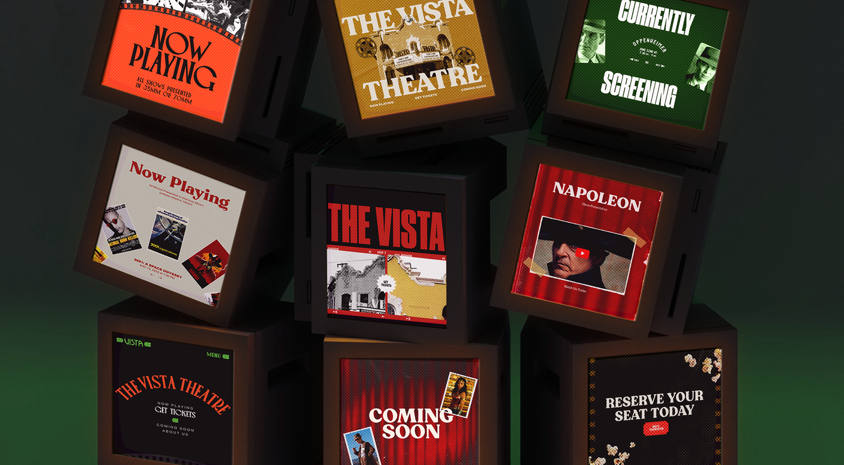 Vista Theater Hollywood website screens displayed on vintage TV monitors