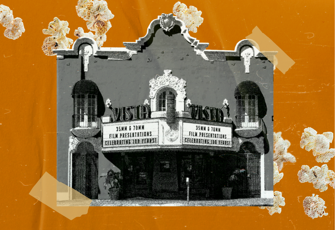 Vista Theater Hollywood vintage facade photo with popcorn graphic elements