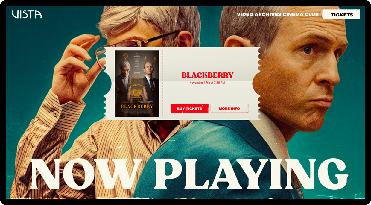 Vista Theater Hollywood homepage hero featuring Now Playing film with ticket card