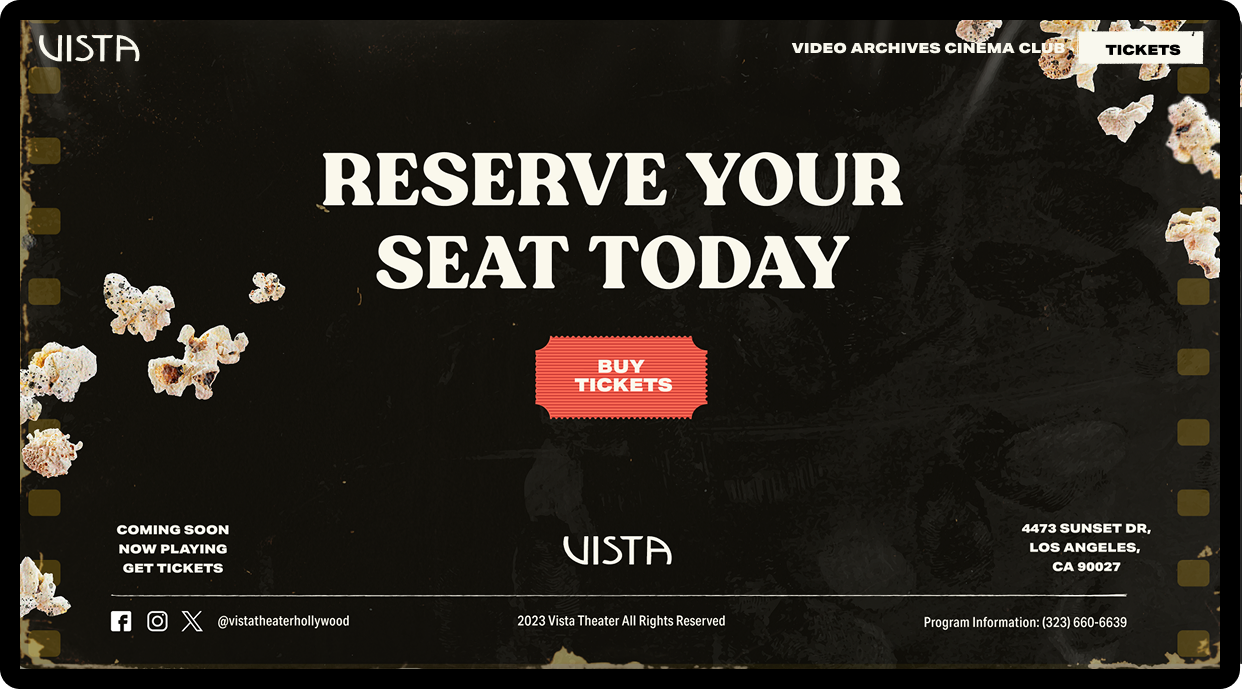 Vista Theater Hollywood website footer with Reserve Your Seat Today call-to-action