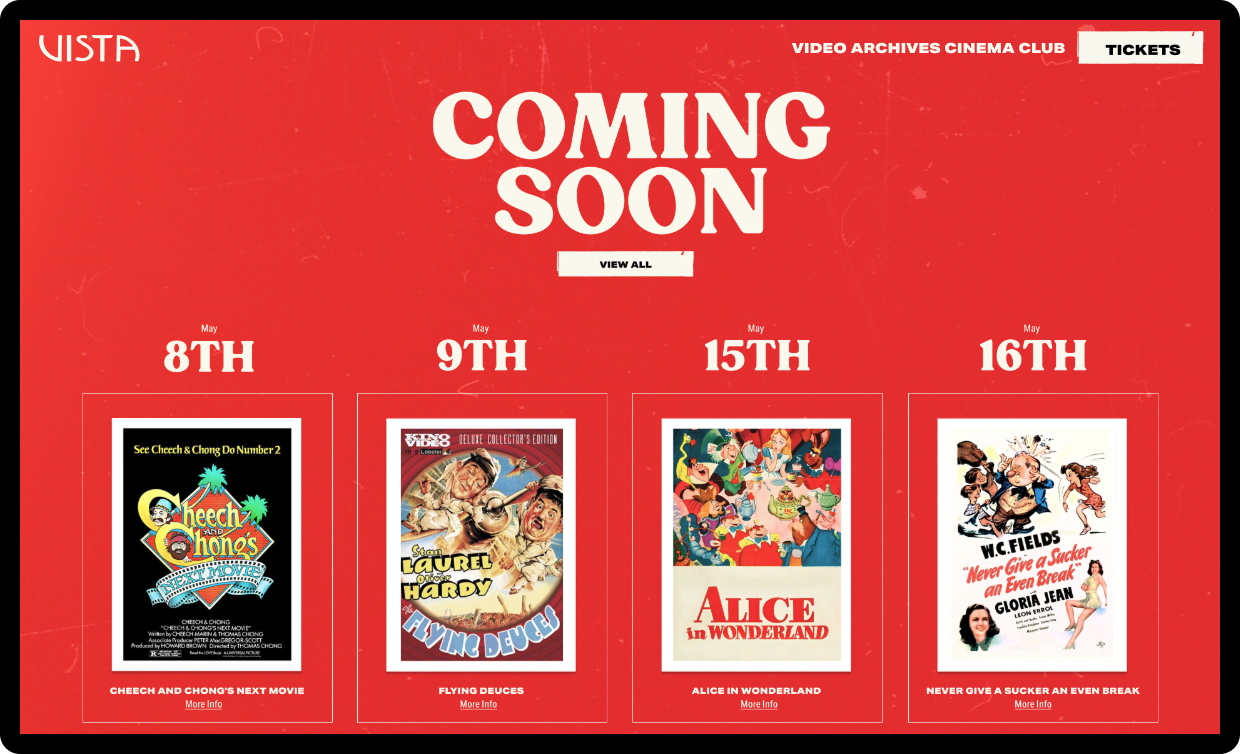 Vista Theater Hollywood Coming Soon page with upcoming film listings