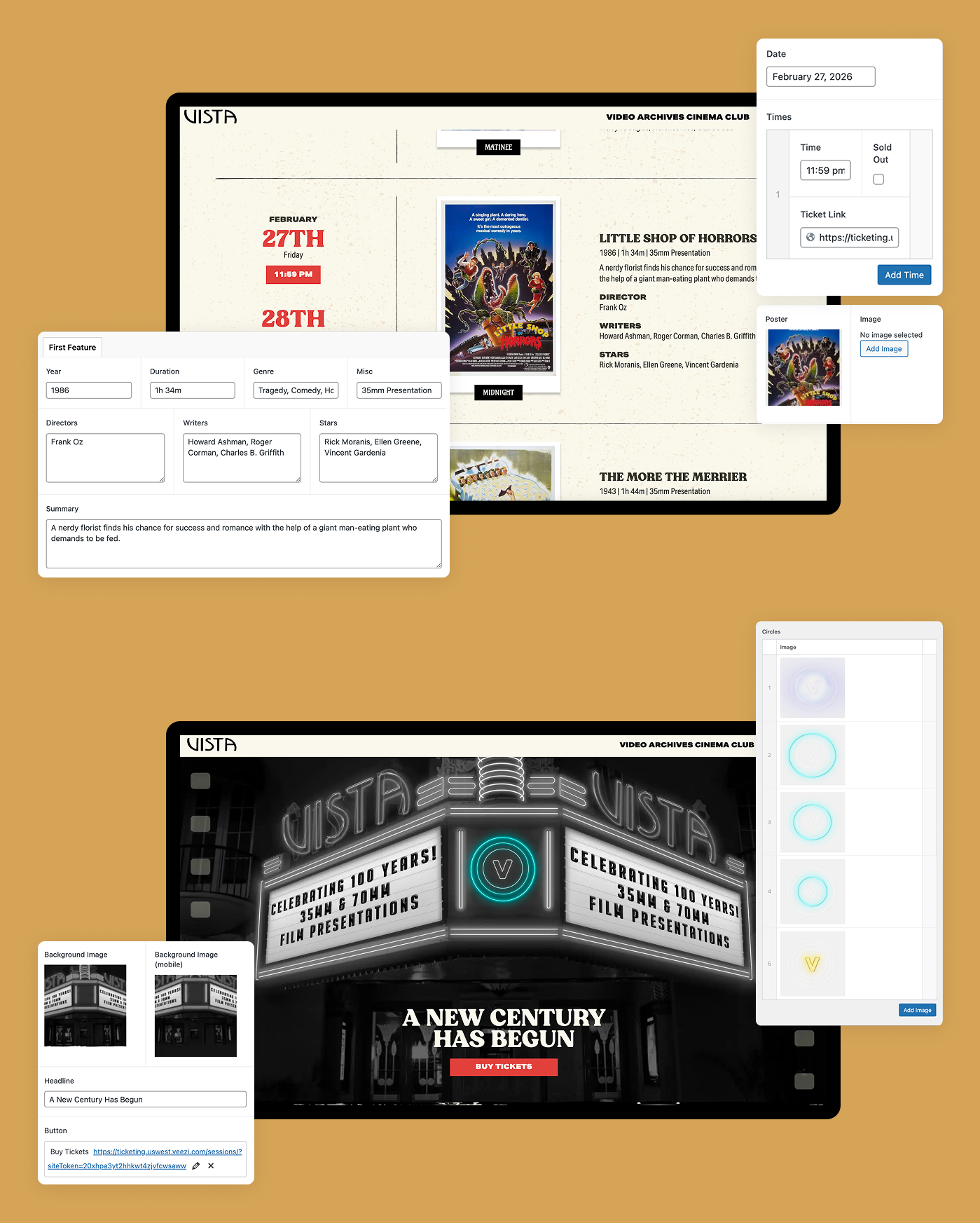 Vista Theater Hollywood CMS backend for managing film programming and homepage content
